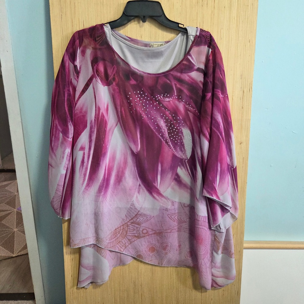 Energe Worldโ Wear Size L Pink Floral Rhinestone Layered Tunic Top Large